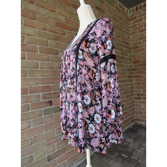Altar'd State Floral Black Pink Babydoll Boho Mini Dress Bell Sleeve Size XS - Picture 11 of 15